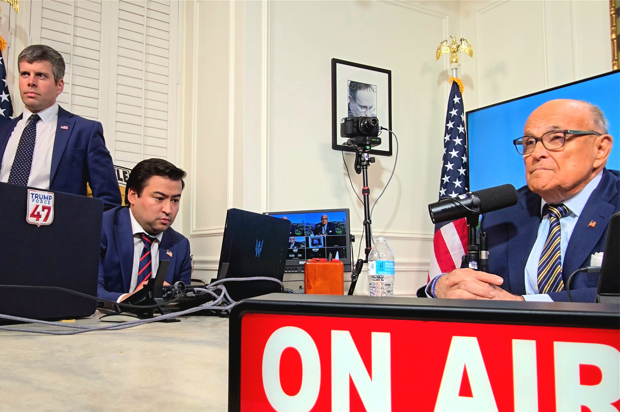 Rudy Giuliani with Stephen Schumacher and Ted Goodman on air on the set of America’s Mayor Live